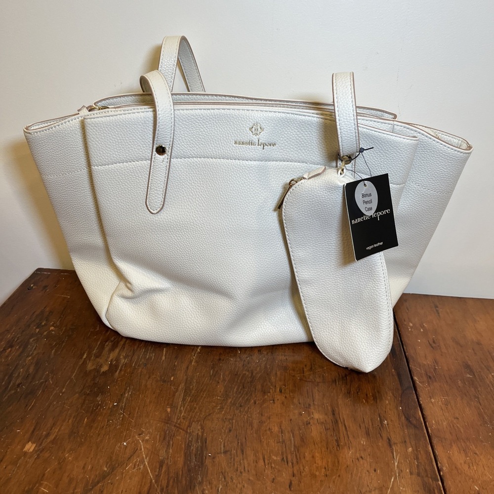 Nanette Lepore White Vegan Leather Pebble Tote Purse Smaller Bag Inside NWT Rice - Picture 2 of 16